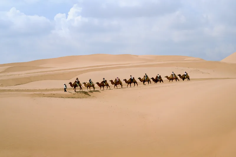 Camel caravan with riders crossing pale dunes under cloud