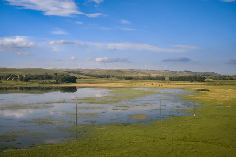 Flooded grassland reflecting sky, wind turbines on distant hills